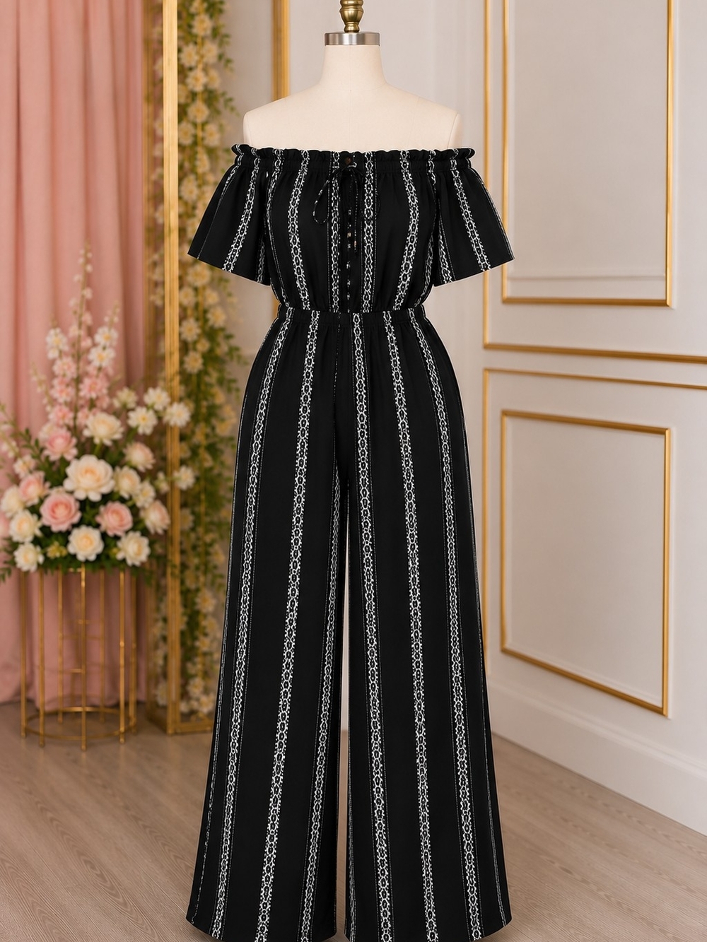bailey blue Black and White Off-Shoulder Striped Wide-Leg Jumpsuit